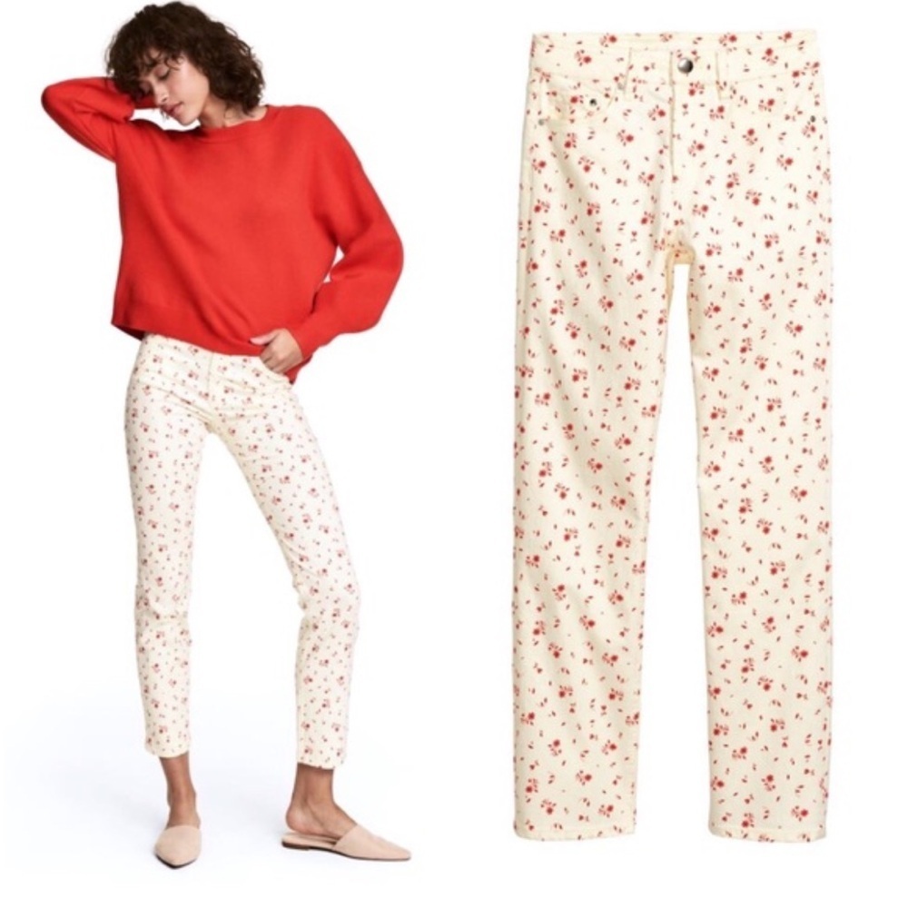 NWT, H&M,Creamy Beige & Floral
Straight-leg,Mid-Rise Pant w/Stretch,Size 12